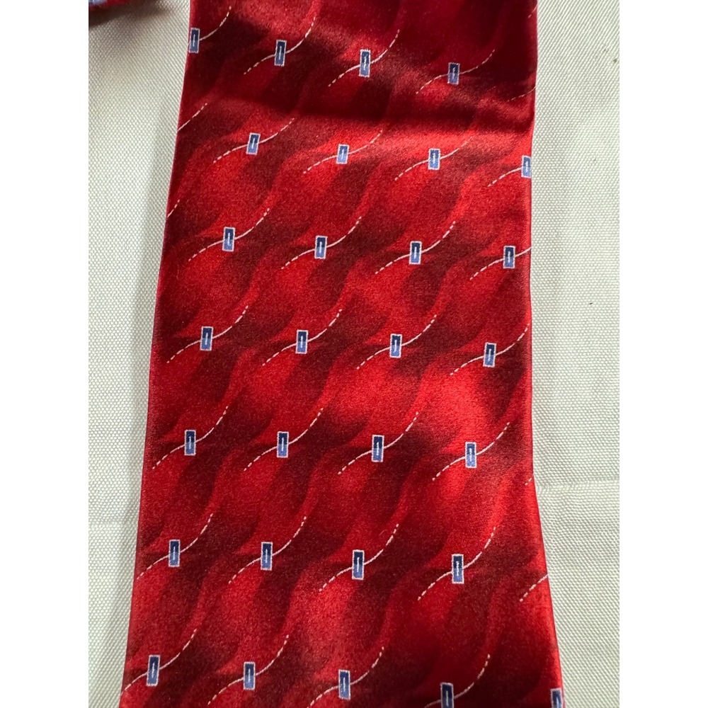Stafford Mens Red Silk Geometric Pattern Necktie Blue Rectangles Formal Tie